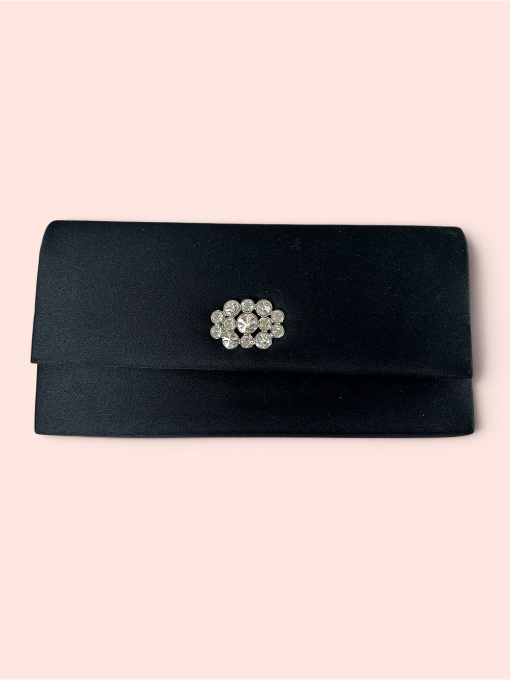 Black Satin Clutch Evening Bag with Crystal Brooch-Style Clasp